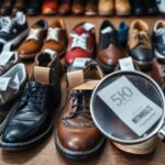 A variety of second-hand shoes are displayed on a wooden surface. Men's dress shoes, casual sneakers, and boots are visible. A magnifying glass focuses on a label with "5KO" and the phrase "WINGTIPS." Shelves with more shoes offer the best deals in the background.