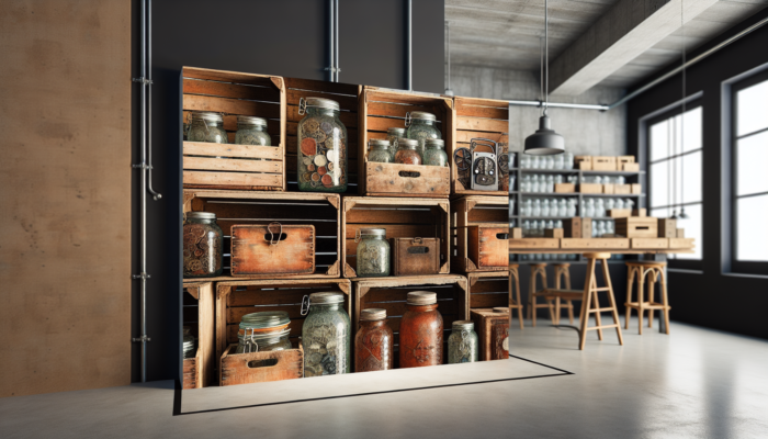 Wooden crates and old jars repurposed for storage in a creatively organized garage.