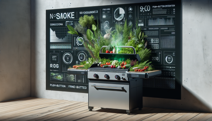 Top Eco-Friendly Grilling Techniques: Modern electric grill in eco-friendly kitchen, surrounded by vegetables and herbs, symbolising sustainable cooking.