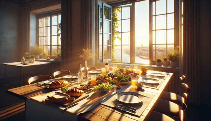 A meal on a table near a window, illuminated by golden hour's soft, natural light, enhancing food's vibrancy.