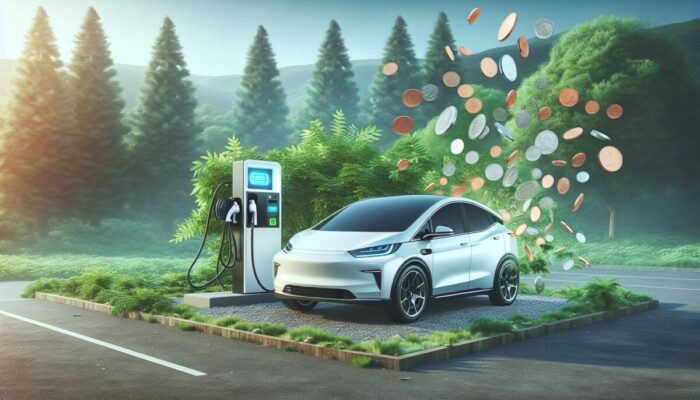 A modern electric car at a charging station surrounded by greenery, illustrating significant cost savings.