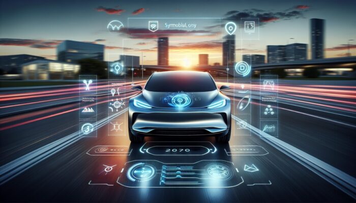 A stylish electric car showcasing a futuristic dashboard, smoothly driving through a city at dusk.