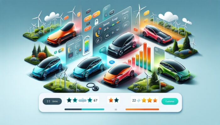 A modern website displaying electric cars with details on battery range, charging options, and customer ratings.