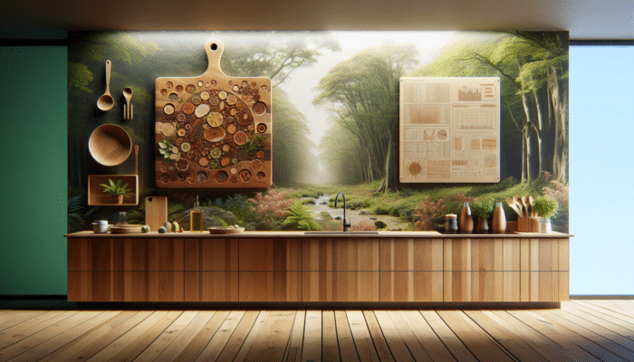 A sustainable kitchen scene featuring a wooden cutting board made from maple, walnut, and cherry, surrounded by a responsibly managed forest.