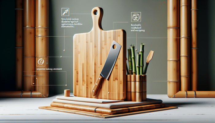 A robust hardwood and bamboo cutting board resisting knife marks and warping, promoting kitchen sustainability.