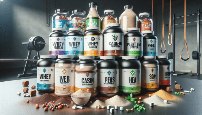 A variety of protein powders on a table, including whey, casein, and plant-based options, alongside gym equipment and vegan symbols.
