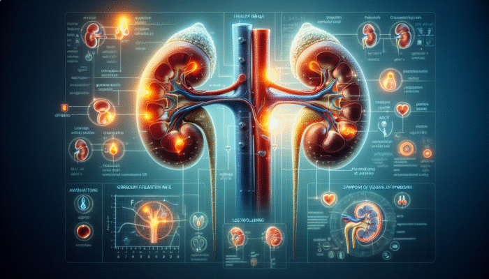 Diagram illustrating kidney health indicators such as GFR, creatinine, urine protein, and symptoms like fatigue, swelling in legs, and altered urination.