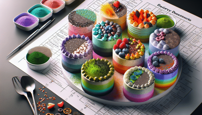 Vibrant dairy-free desserts featuring chia seeds, flaxseeds, and spirulina, highlighting health benefits and texture.