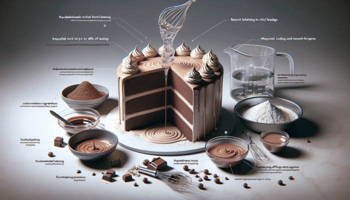 Vegan chocolate cake using aquafaba, mixed gently to prevent overmixing, achieving light texture and harmonious flavors.