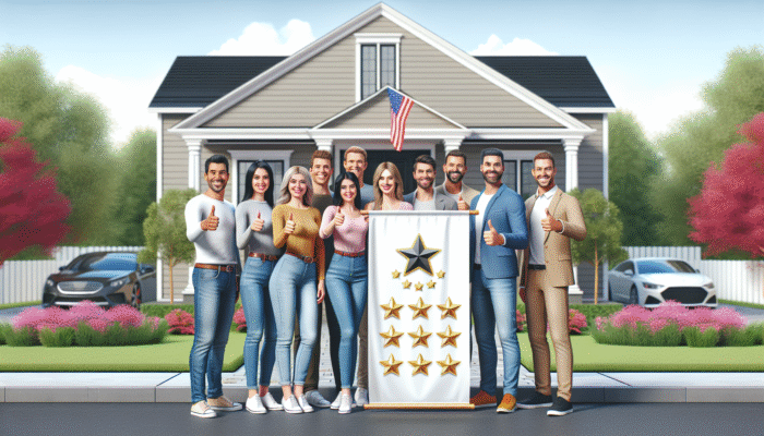 Content homeowners smiling and giving thumbs-up in front of their home, showcasing a banner with top-rated home service logo and glowing reviews.