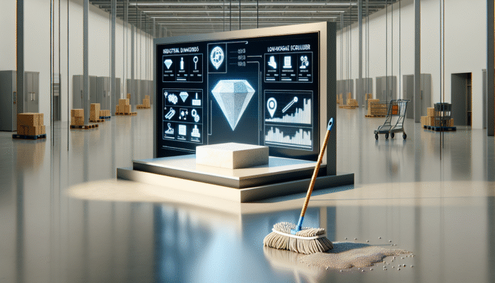 Advanced industrial diamond tools and low-moisture scrubbers gently treating stone, creating a long-lasting shine, compared to a standard supermarket mop.