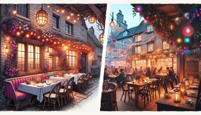 How to Celebrate Debt Consolidation Milestones: A Guide | DCL A cozy bistro in the Cotswolds and a lively eatery in Soho, both bustling with celebrating patrons.