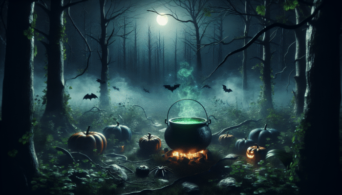 A witch's cauldron filled with green liquid, surrounded by bat wings, spider legs, and glowing pumpkins in a dark, misty forest.