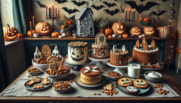 A Halloween dessert table featuring vegan and gluten-free treats like cakes, cookies, and puddings, all decorated spookily.