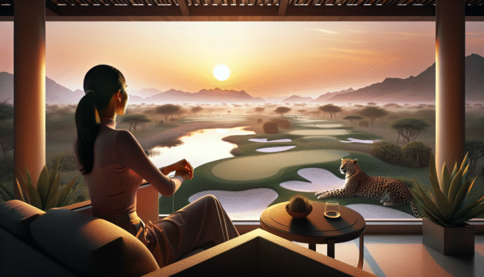 A golfer enjoying a sundowner on a patio overlooking a lush golf course and wildlife at sunset.