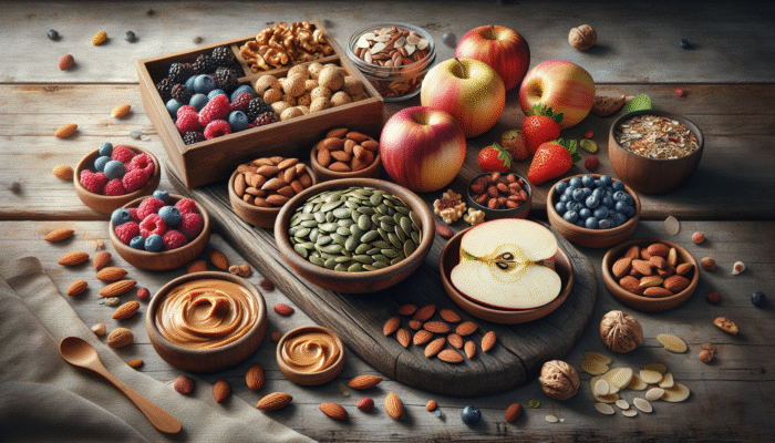 A colourful assortment of healthy snacks including nuts, seeds, and fruit-based treats displayed on a rustic wooden table.