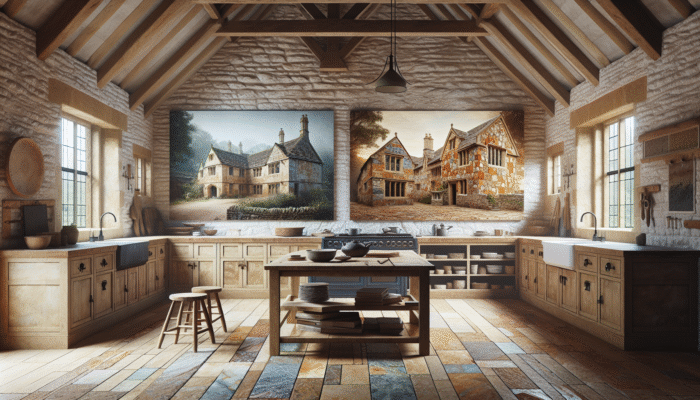 Various UK stone types: limestone in a Cotswold cottage, sandstone on an ancient building, granite in a modern kitchen.