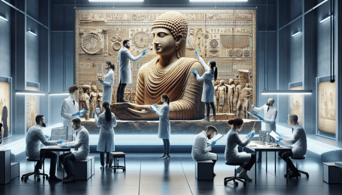 Experts meticulously examining an ancient artifact with advanced tools for optimal restoration.