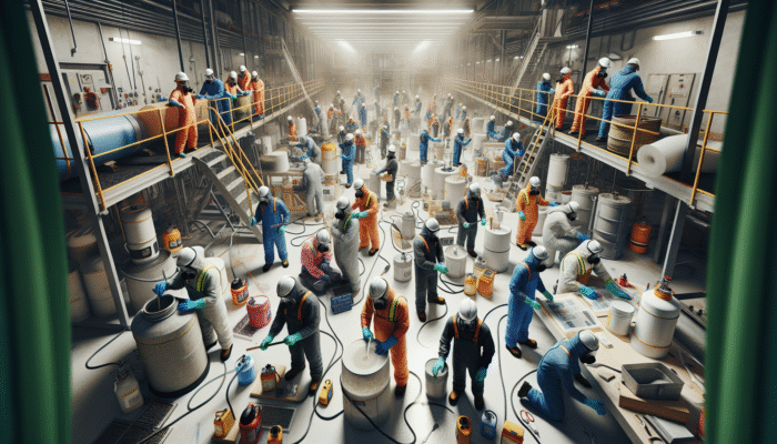 A well-ventilated workspace where workers are using safety equipment and tools on a clear floor with secured machinery.
