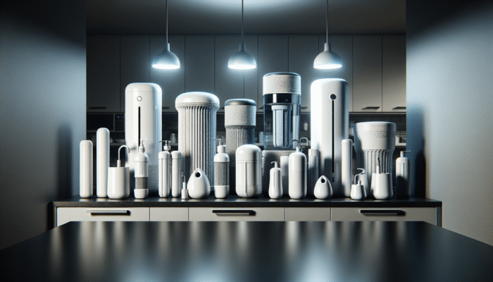 A variety of modern water filtration systems displayed on a sleek countertop in a minimalist kitchen, labeled by function and contaminant removal.