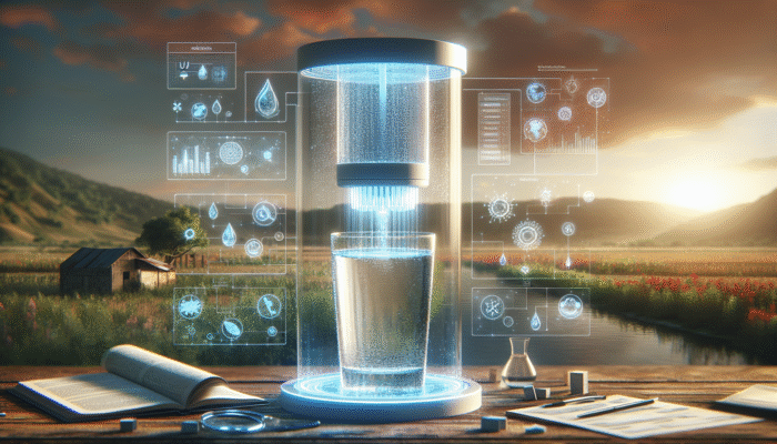 Modern water filter system with UV purification, set in a rural area.