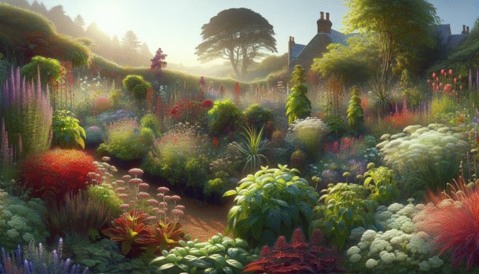 A UK herb garden showcasing herbs thriving or wilting under varying levels of sunlight.