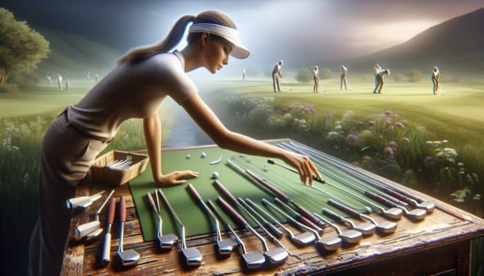 Golfers selecting a putter from a variety on a wooden table in a green landscape.