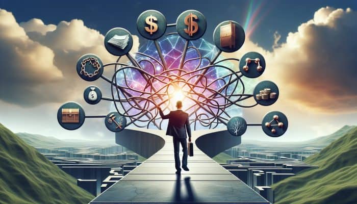 Essential Terminology for Understanding Debt Consolidation: A Comprehensive Guide | DCL A person confidently navigating a clear path through a complex financial landscape with labeled signposts under a bright sky.