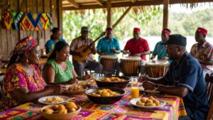 A lively gathering where individuals enjoy various Garifuna foods and drinks while musicians in colorful attire perform with drums and guitars, capturing the joyous spirit of the Garifuna culture in an outdoor setting.