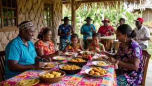 A family enjoying a colorful outdoor meal together in Belize, with musicians playing drums and instruments in the background, reflecting the lively spirit of Garifuna culture.