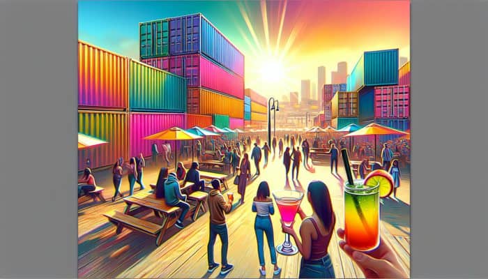 Savor a variety of drinks at downtown Container Park in a lively, sunlit atmosphere.
