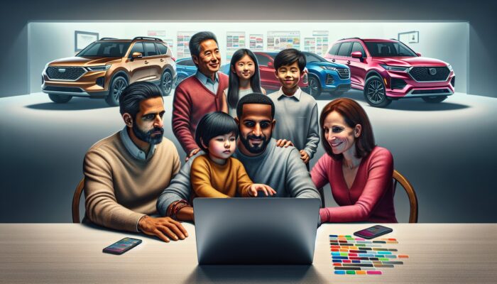 Family exploring SUV rental options on a laptop, featuring logos of Enterprise, Hertz, Avis, Turo, and Getaround; SUVs in the background.