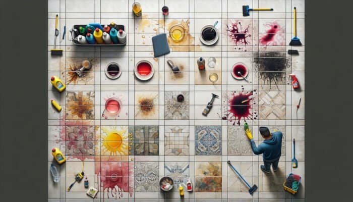 Porcelain tiles stained with wine, coffee, and grease; an individual cleaning with various tools and solutions.