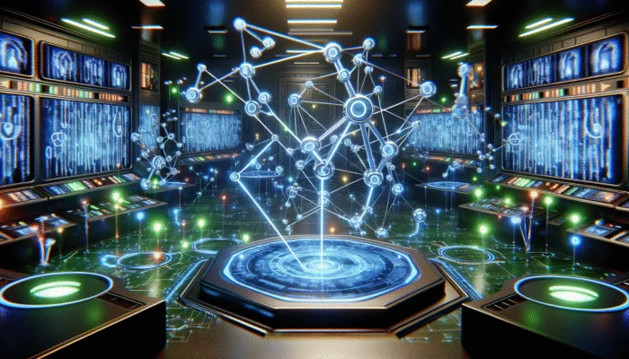 Utilize AI for Backlink Opportunity Analysis: Dynamic networks of AI algorithms dissecting vibrant nodes that represent backlinks in a futuristic control room, optimizing SEO.