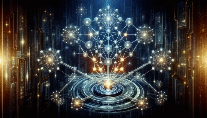 AI tool examining luminous nodes representing premium backlink sources, enhancing SEO on a futuristic digital backdrop.