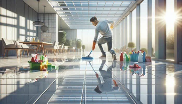 A professional cleaner scrubbing large tile floors in a sunlit conservatory, showcasing the effort involved in cleaning large areas.