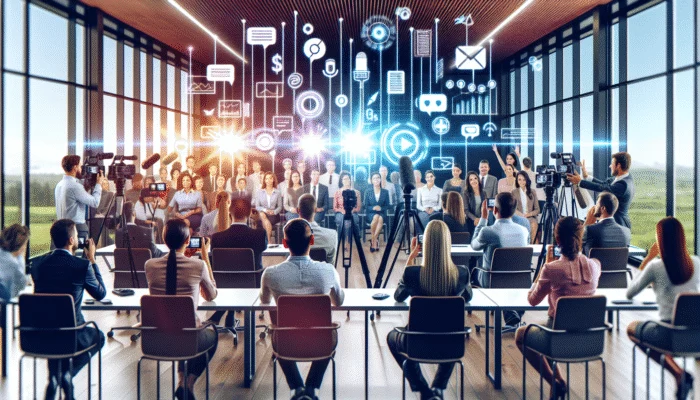 Diverse clients providing glowing testimonials in a modern office equipped with digital recording tools.