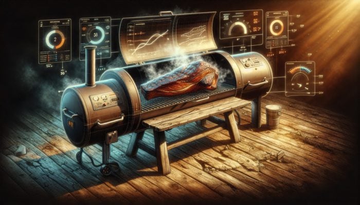 Mastering Smoker Temperature: A smoker with a steady smoke stream, cooking a large brisket, surrounded by consistent temperature gauges on a rustic table under warm light.