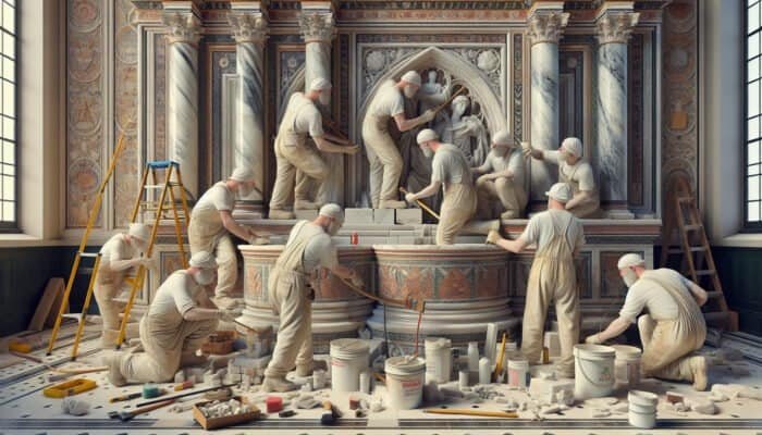 Workers employing traditional techniques to restore a historic UK building, ensuring its authenticity and historical context.