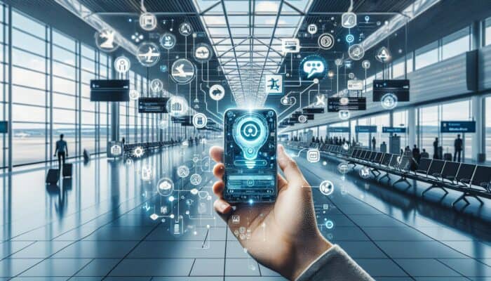 AI Chatbots Revolutionising Customer Service: A futuristic AI chatbot on smartphone providing instant travel updates and options to a traveller at the airport.