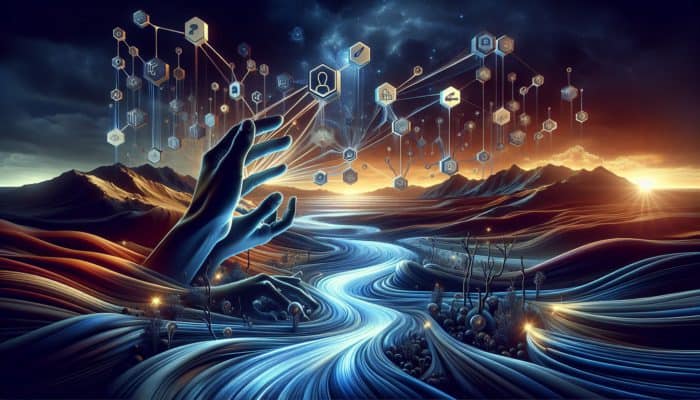Visual representation of hands reaching for luminous streams of light symbolizing link equity in a digital ecosystem.