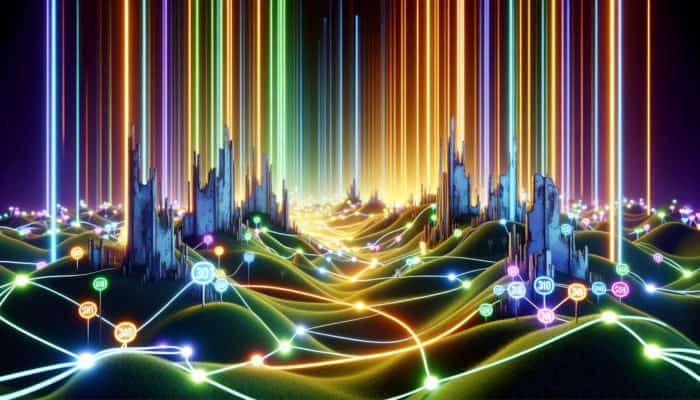 Luminescent pathways illustrating the connection between outdated URLs and new vibrant ones, symbolizing the preservation of link equity during website rebranding.