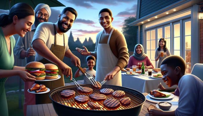 A novice griller serving delicious burgers, tender ribs, and grilled chicken to impressed family and friends in a cozy backyard setting.