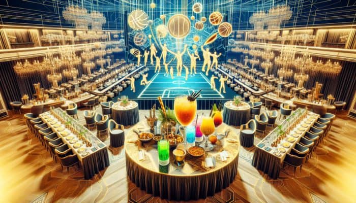 Lavish Super Bowl viewing party at a luxury hotel with gourmet dining, open bar, and celebrity entertainment.