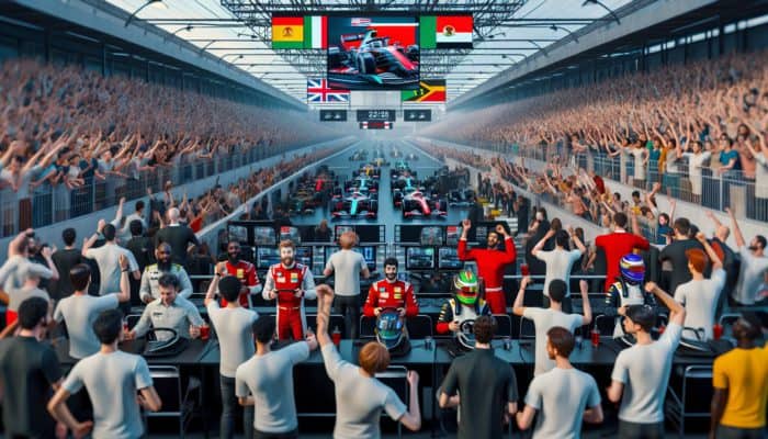 Fan zone at the Grand Prix featuring racing simulators, fans in gear, and meet-and-greets with F1 legends.
