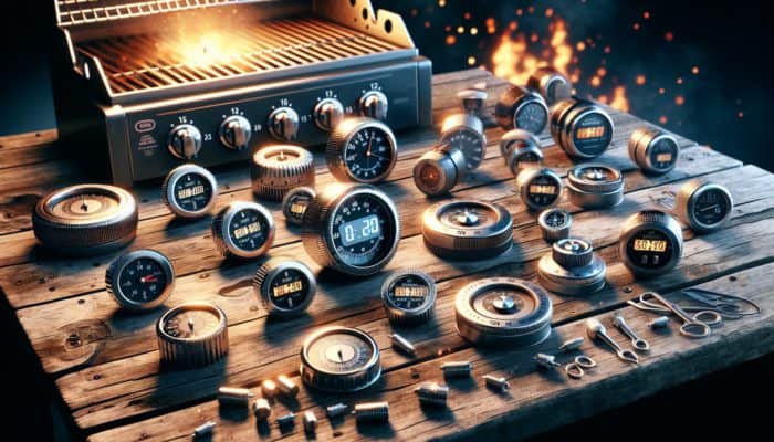 Diverse grill timers on a wooden table: mechanical models with dials, digital countdown timers with magnetic backs, positioned near a lit barbecue.