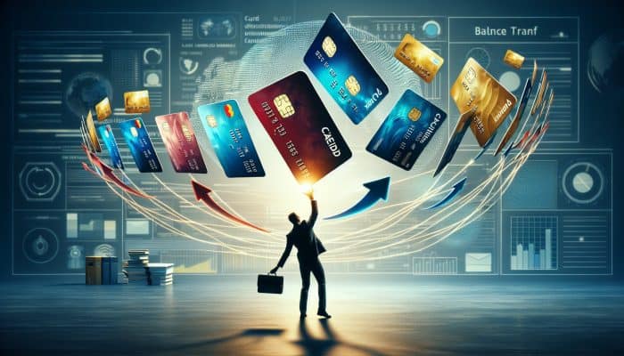 How to Consolidate Debt Across State Lines: A Guide | DCL A person juggling credit cards, transferring balances to a new card with lower interest in an office setting.