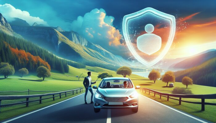 A traveller driving a rental car on a scenic road, protected by insurance symbolised by a shield.
