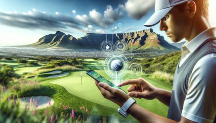 Best Golf Apps for Practice Routines: South African golfer using app on course with Table Mountain, enhancing game with tailored routines.