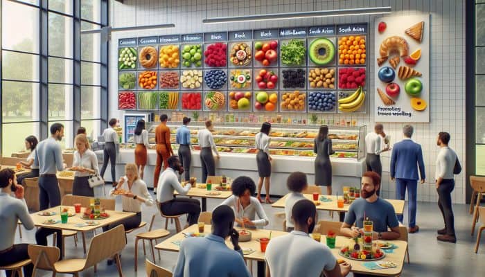 A bustling UK office cafeteria with a variety of food options, including salads, fruits, and pastries, along with wellness posters promoting healthy eating.